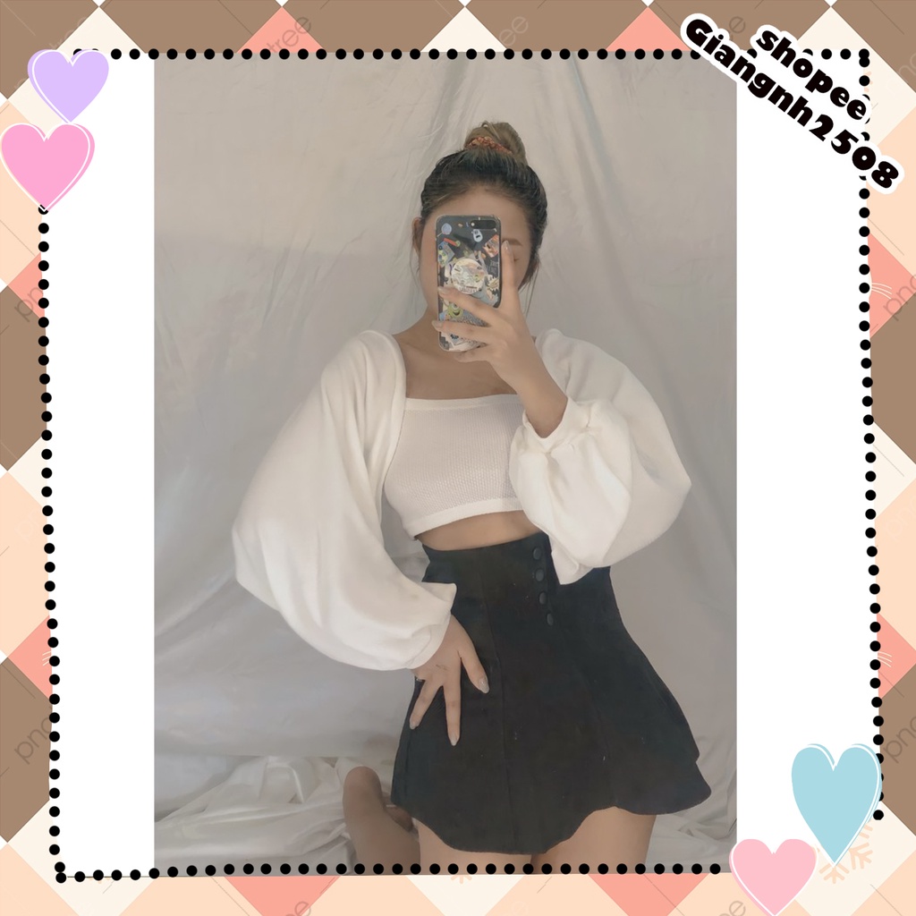 SA002 Bộ áo khoác cardigan mỏng, tay bo phồng và áo hai dây croptop ôm body sexy phong cách bánh bèo tiểu thư cute