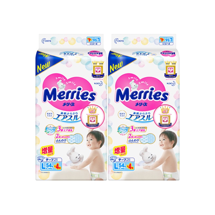 [Mã FMCGMALL giảm 8% đơn 250K] Combo 2 Tã/bỉm dán Merries size L - 54 + 4 miếng (Cho bé dưới 9-14 kg)