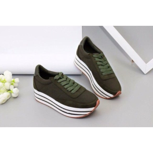 Giày thể thao sneaker nữ độn đế 5cm đế kẻ màu kem đen đỏ đô Cao cấp năng động đi làm đi chơi