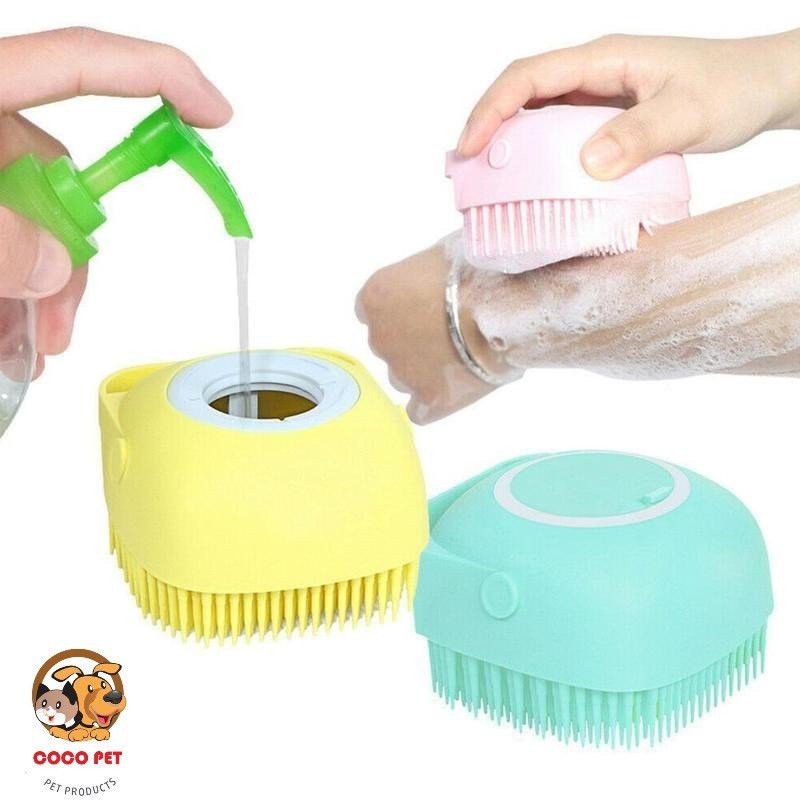 Bàn Chải Tắm/Bông Tắm Silicon Tạo Bọt Matxa Cho Chó Mèo có Chỗ Đựng Sữa Tắm hihapet