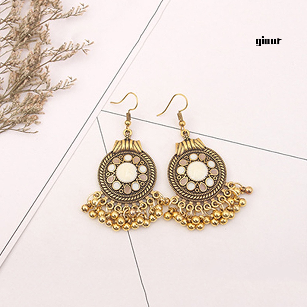 Khuyên Tai Móc Lủng Lẳng Mặt Hoa Phối Tua Rua Phong Cách Dân Tộc Cho Nữ