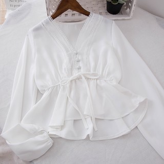 Sơ mi nữ tiểu thư thắt eo cổ chữ V