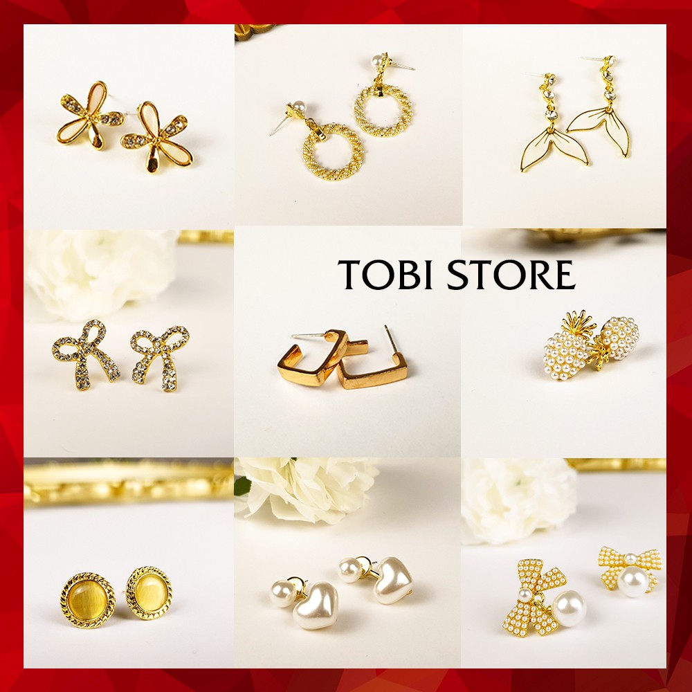 Khuyên tai nữ TOBI STORE nhiều kiểu dáng bông tai dễ thương đính ngọc mạ vàng đáng yêu kiểu tròn, dài, nụ