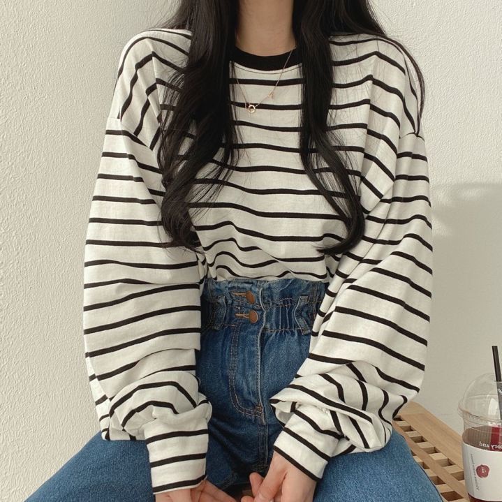 Áo thun tay dài dáng rộng họa tiết kẻ sọc plus size