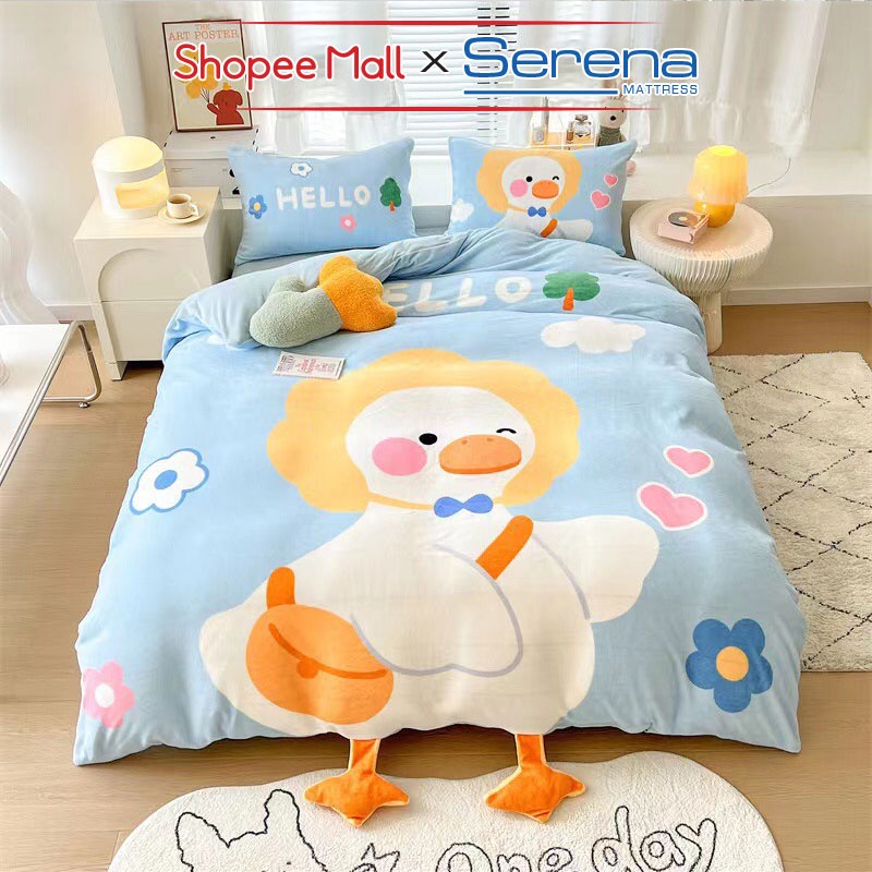 Bộ Chăn Ga Giường Gối Nệm Dễ Thương Full 5 Món Vải Nỉ Nhung Chính Hãng SERENA MATTRESS Combo Chăn Ra Drap Gối Đệm Nệm