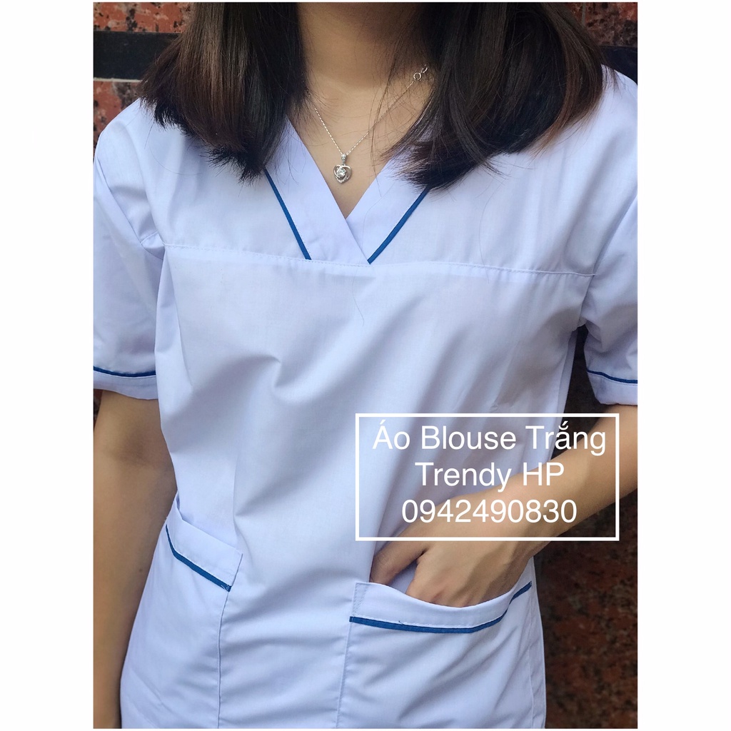 Bộ blouse cổ tim nam nữ- bộ scrubs kỹ thuật viên màu trắng có viền xanh nam nữ cộc tay cho bác sỹ, điều dưỡng, dược sỹ