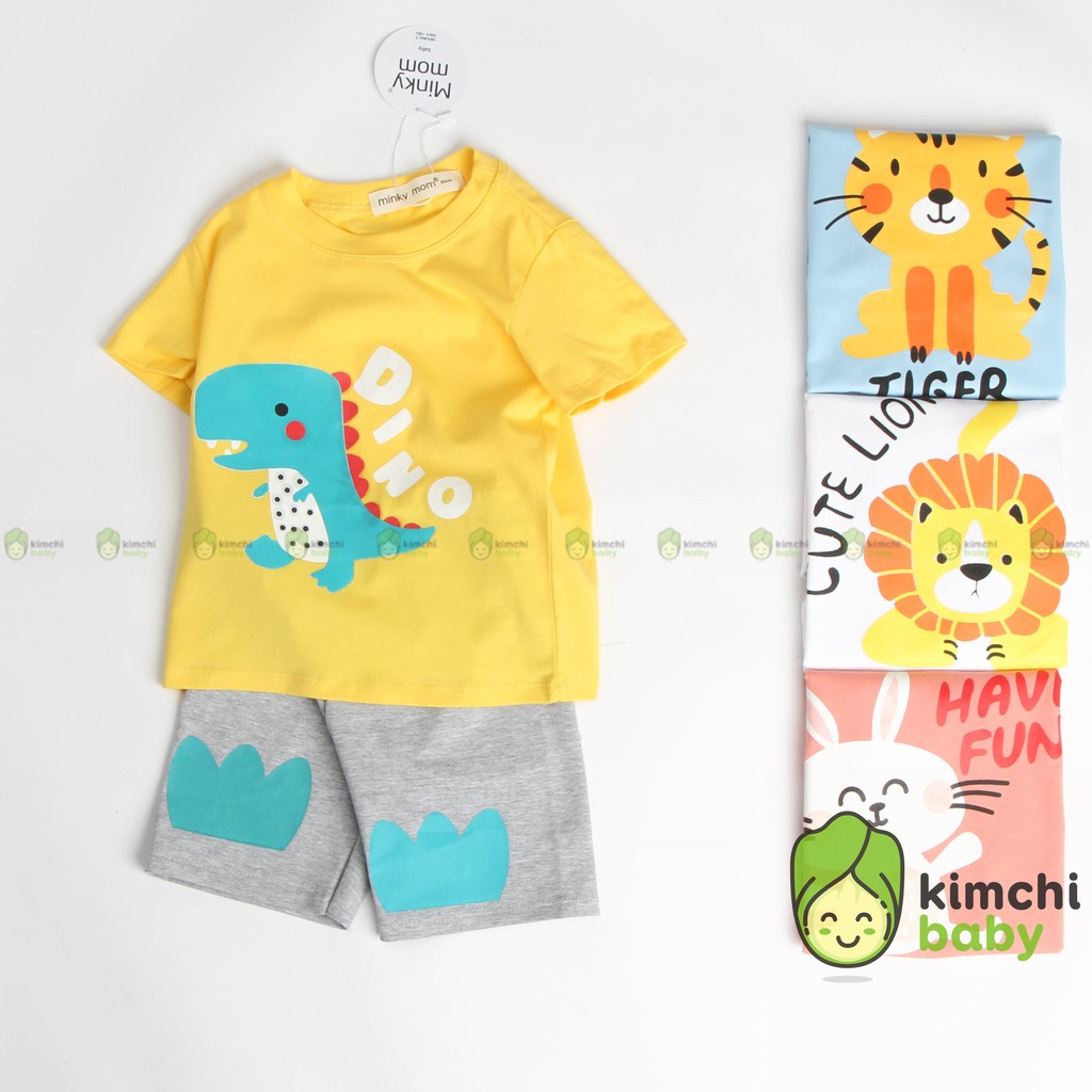 Đồ Bộ Bé Trai, Bé Gái Minky Mom Vải Cotton 100% Họa Tiết Khủng Long Động Vật, Bộ Cộc Tay Cho Bé Quần Áo Trẻ Em MKM2129