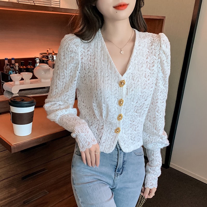 Áo Sơ Mi Tay Dài Phồng Phối Ren Phong Cách Pháp Cổ Điển Thời Trang Mùa Thu Mới Cho Nữ