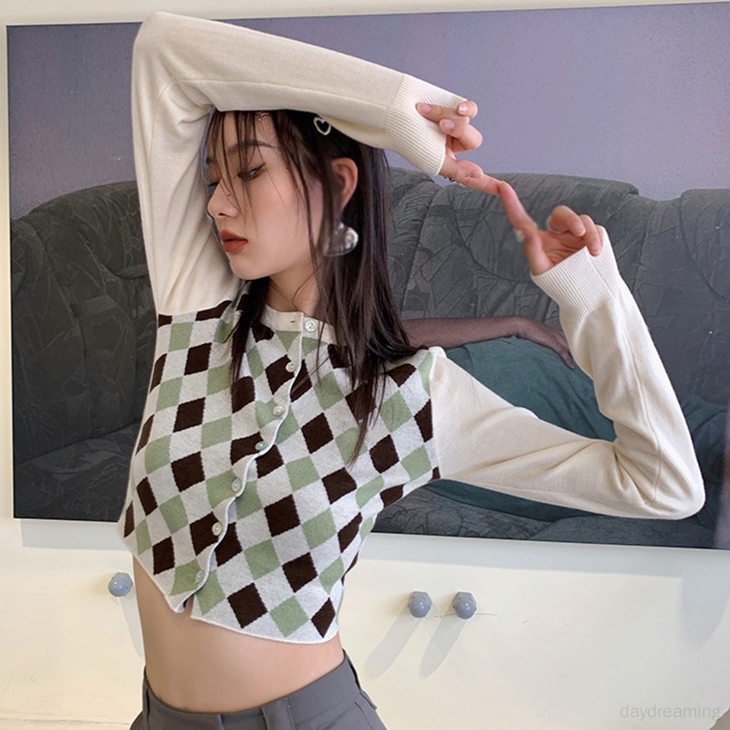 Áo Cardigan Dệt Kim Tay Dài Cổ Tròn Phong Cách Retro