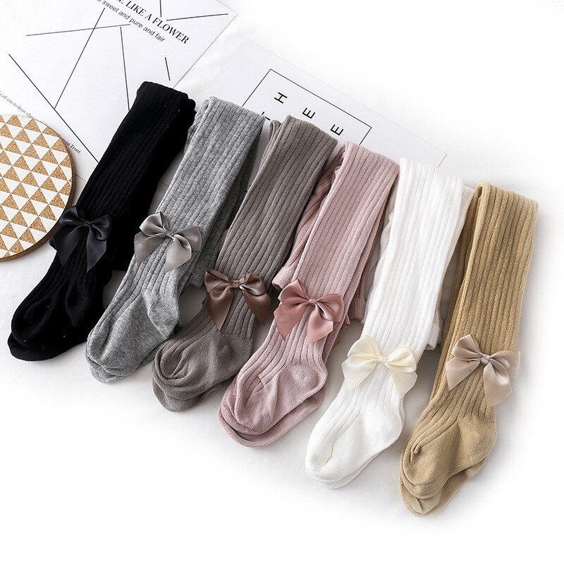 Quần Tất Cotton Mềm Mại Dày Dặn Ấm Áp Màu Trơn Đính Nơ Dễ Thương Cho Bé Gái Sơ Sinh