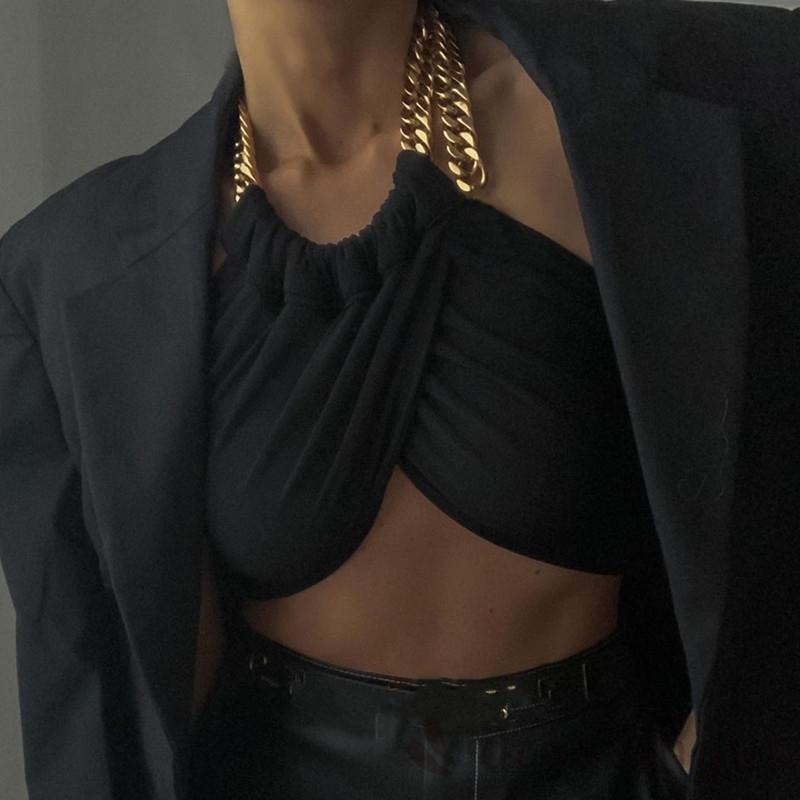 DRESSINGUP-Áo croptop sát nách phối dây xích kim loại hở lưng thời trang hè quyến rũ cho nữ