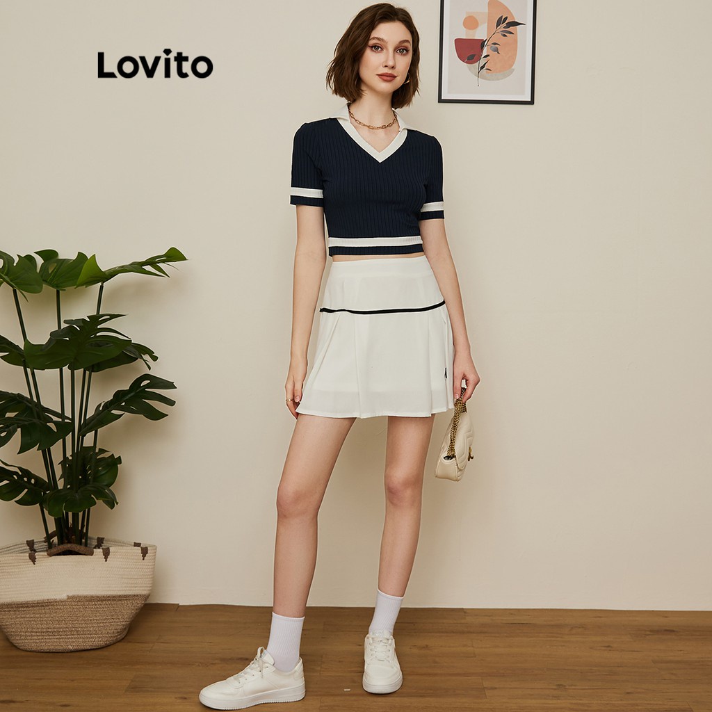 Áo thun Lovito có cổ chữ V phối đường viền tương phản màu trơn phong cách preppy L19D032 (Màu xanh lam)