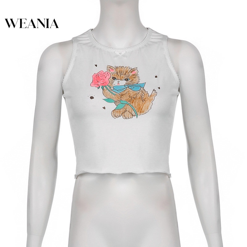 Áo Tank Top Phối Ren In Hình Mèo Dễ Thương Cho Nữ