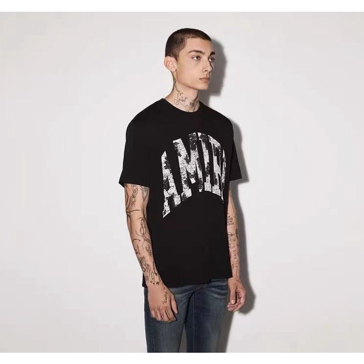Amiri distressed cracked letter logo print high street casual loose black short-sleeved T-shirt couple models