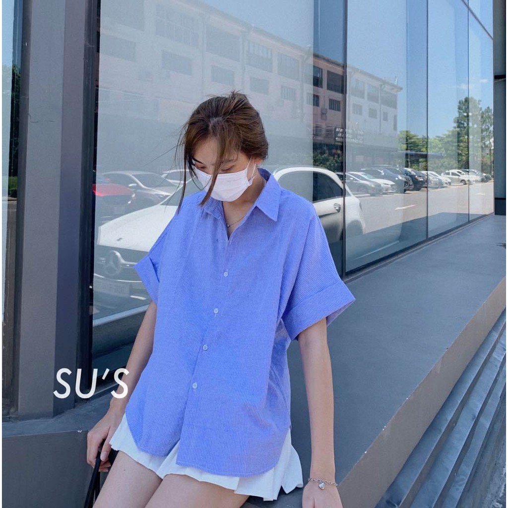 Áo sơ mi kẻ sọc cúc lưng tay lỡ unisex xanh trắng ghi freesize form thụng dáng rộng vintage hàn quốc cheapy C434