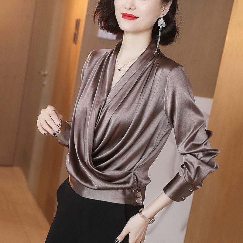 Áo Sơ Mi Lụa Cổ V Tay Dài Dáng Rộng Thời Trang Mùa Xuân Cho Nữ