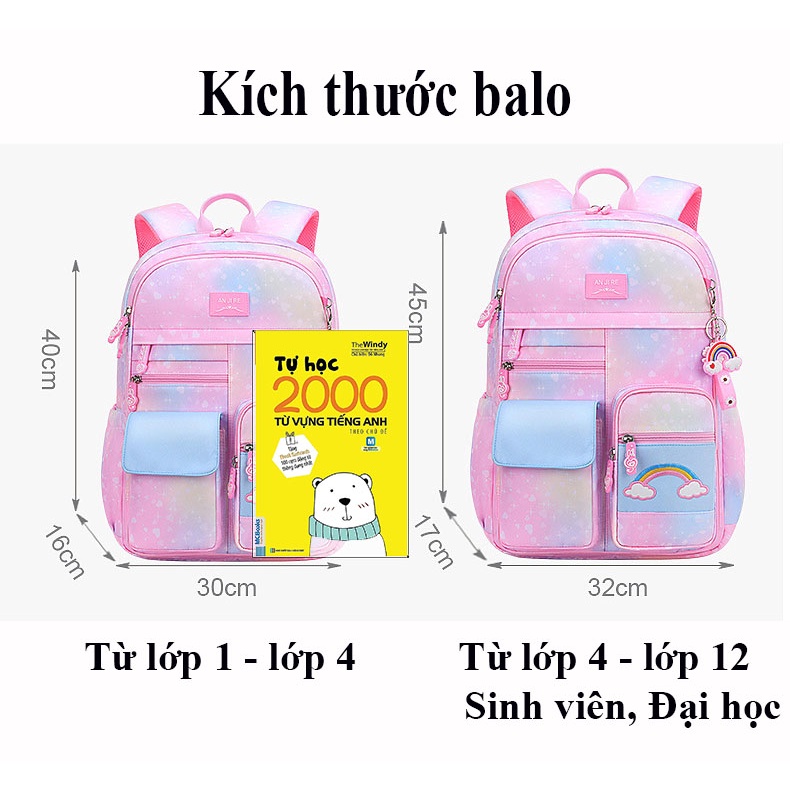 [loại xịn- 2size] Balo Túi đi học tiểu học nữ lớp 1-3-12 phiên bản Hàn Quốc chống thấm nước, balo đi học cho bạn nữ