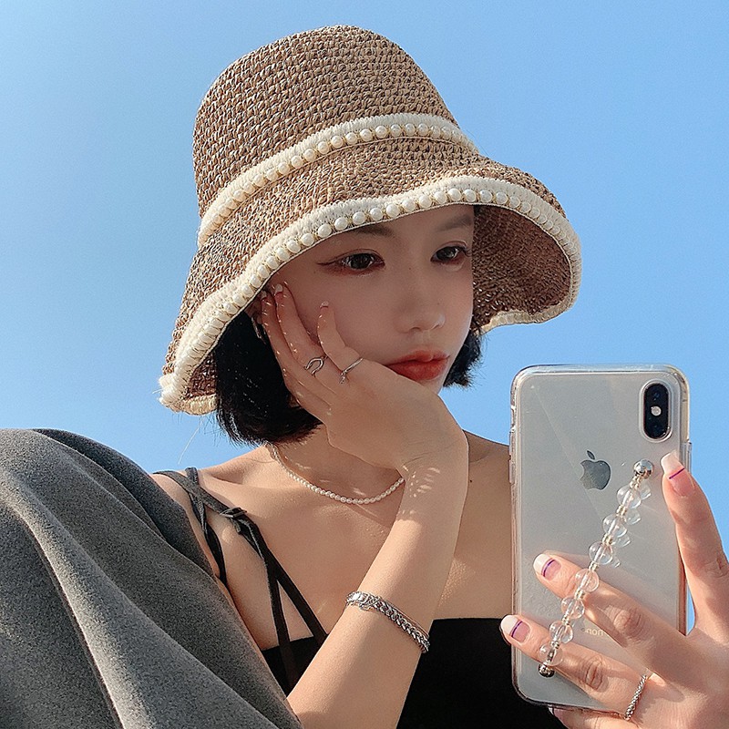 Mũ Cói Rộng Vành Chống Nắng Đính Ngọc Trai Thời Trang Đi Biển Mùa Hè Cho Nữ