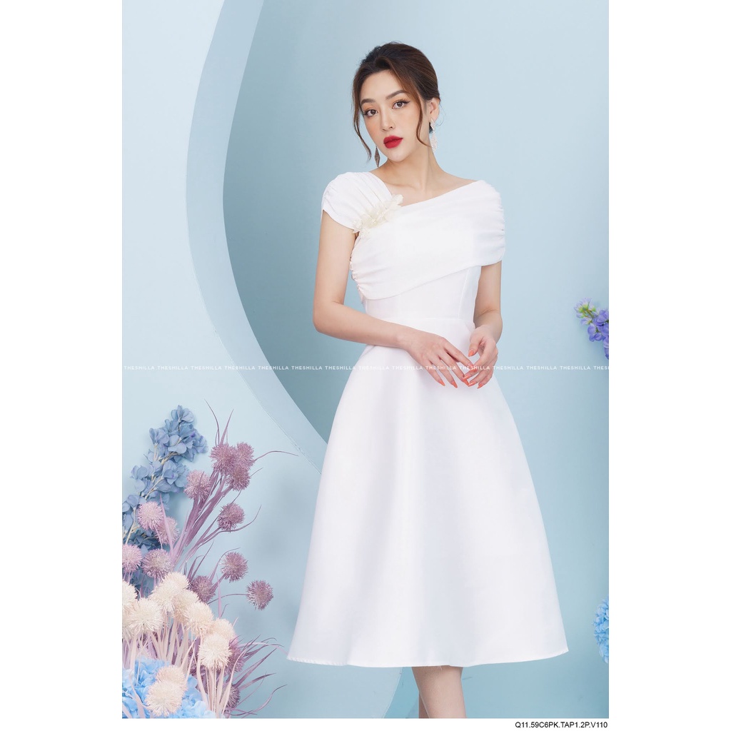 Váy đầm thiết kế xếp vai chéo kết hợp hoa [ Có video + Ảnh thật ] The Shilla - Q11- 59C6