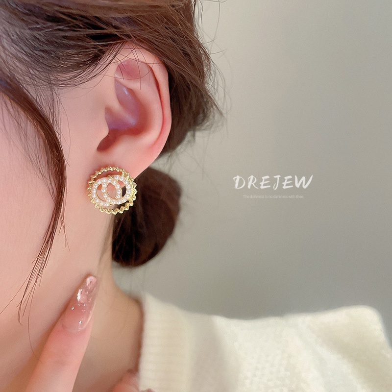 DREJEW Bông Tai Hai Vòng Tròn Đính Ngọc Trai Thời Trang Cao Cấp Phong Cách Hàn Quốc Dành Cho Nữ