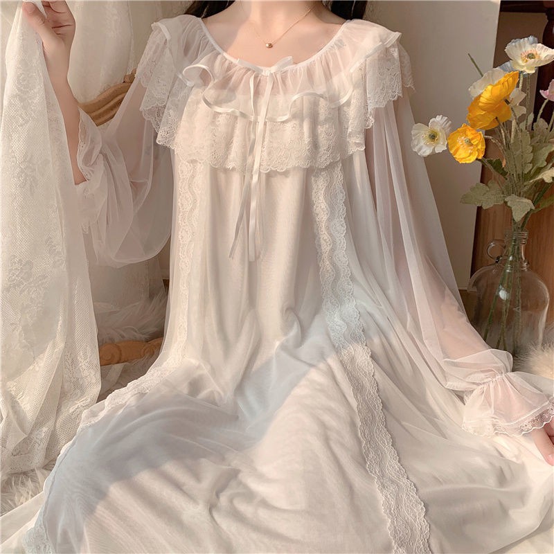 Váy ngủ tay dài phối ren tiểu thư vintage retro