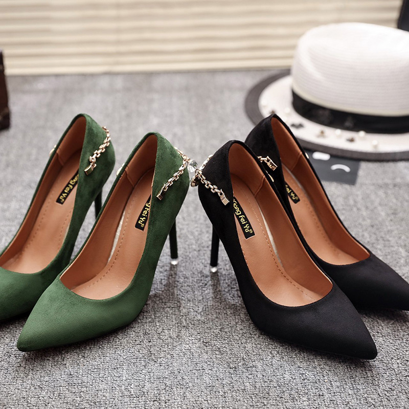 Giày cao gót xanh lá gợi cảm nữ, Giày đi làm đen thời trang phong cách Hàn Quốc, Giày pump da lộn mũi nhọn (trang trí dây chuyền kim loại)