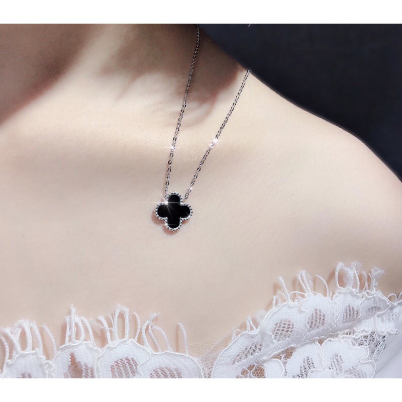 Dây chuyền, khuyên tai cỏ 4 lá đen - trắng - xanh dương bạc thật