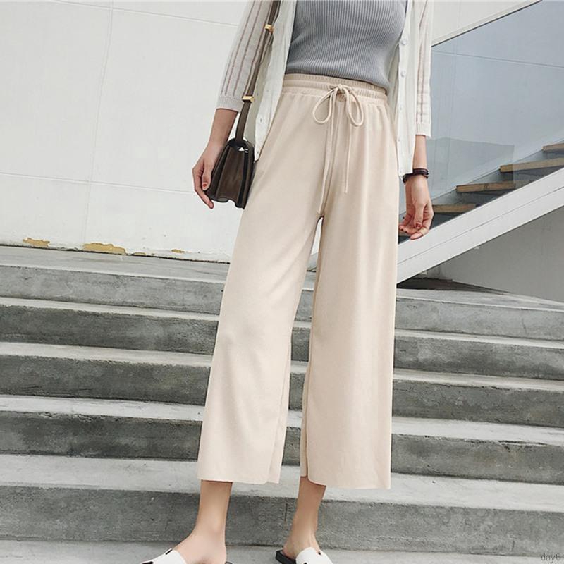 Quần nữ lưng cao ống rộng màu trơn phong cách Hàn Quốc