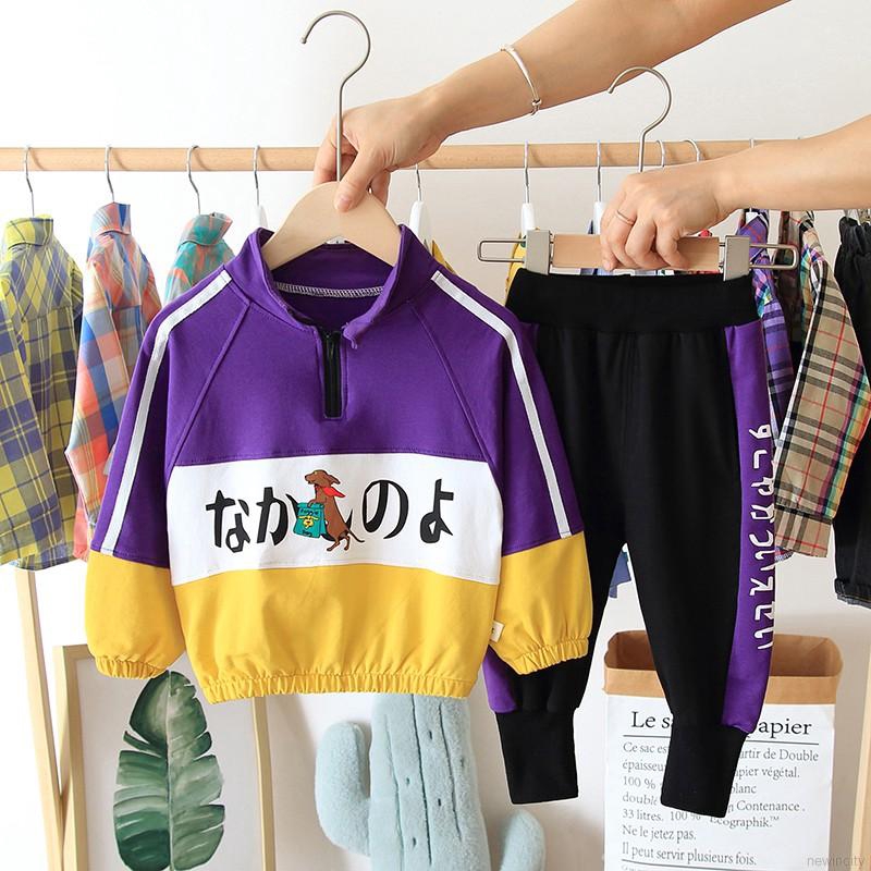 Set áo thun tay dài &amp; quần dài cho bé trai phong cách Hàn Quốc