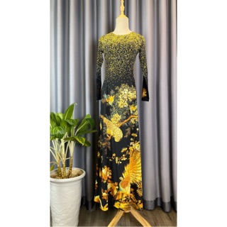 Áo Dài Lụa H16 Tay Dài Màu Đen Sang Trọng Họa Tiết Chấm Bi