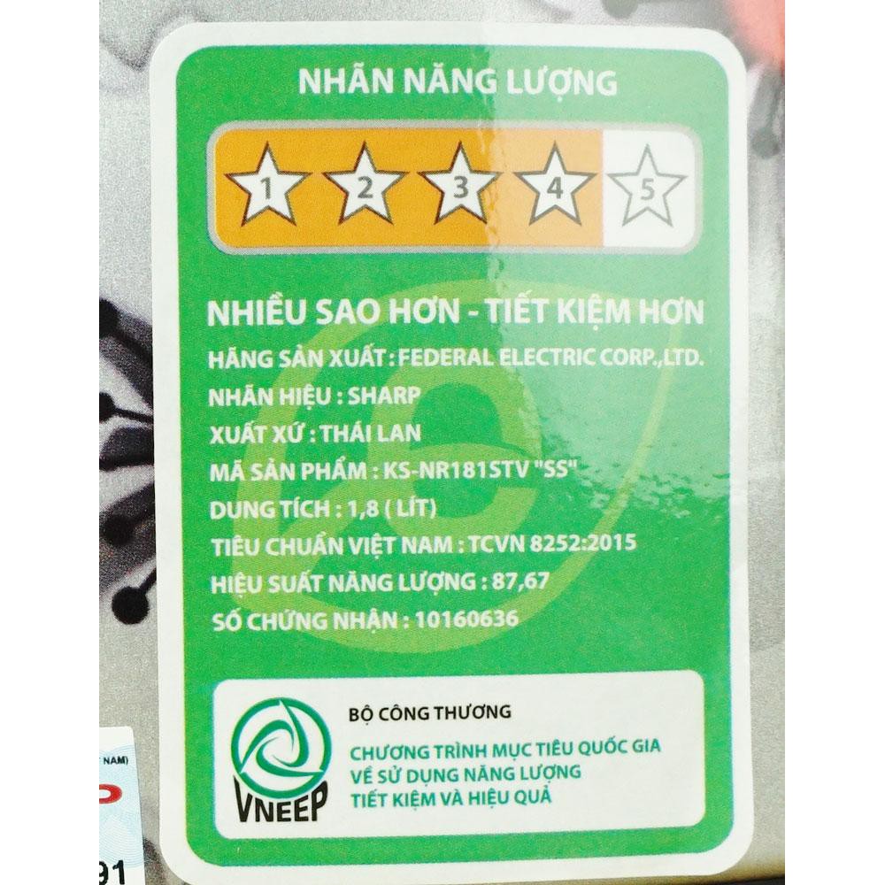 Nồi cơm điện 1.8 lít Sharp KS-NR181STV chính hãng bảo hành toàn quốc