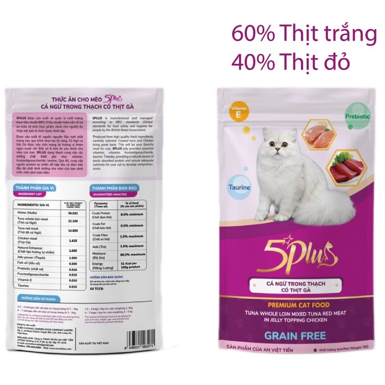 Pate Cao Cấp Dạng Thạch 5plus 100% Thịt Thật Dành Cho Mèo Kén Ăn