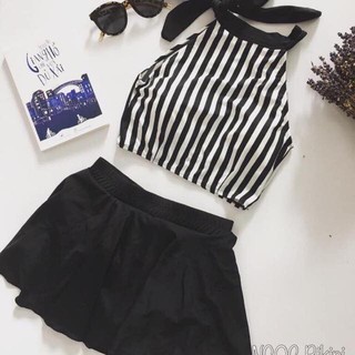 Bikini, Đồ Bơi Đi Biển Hai Mảnh Yếm Sọc Dọc Chân Váy Xòe Đẹp