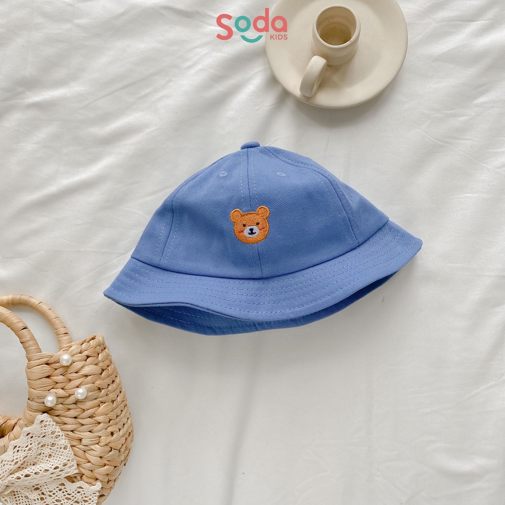 Mũ vành nhỏ trơn thêu gấu 3 màu dành cho bé trai và bé gái (Ảnh thật)