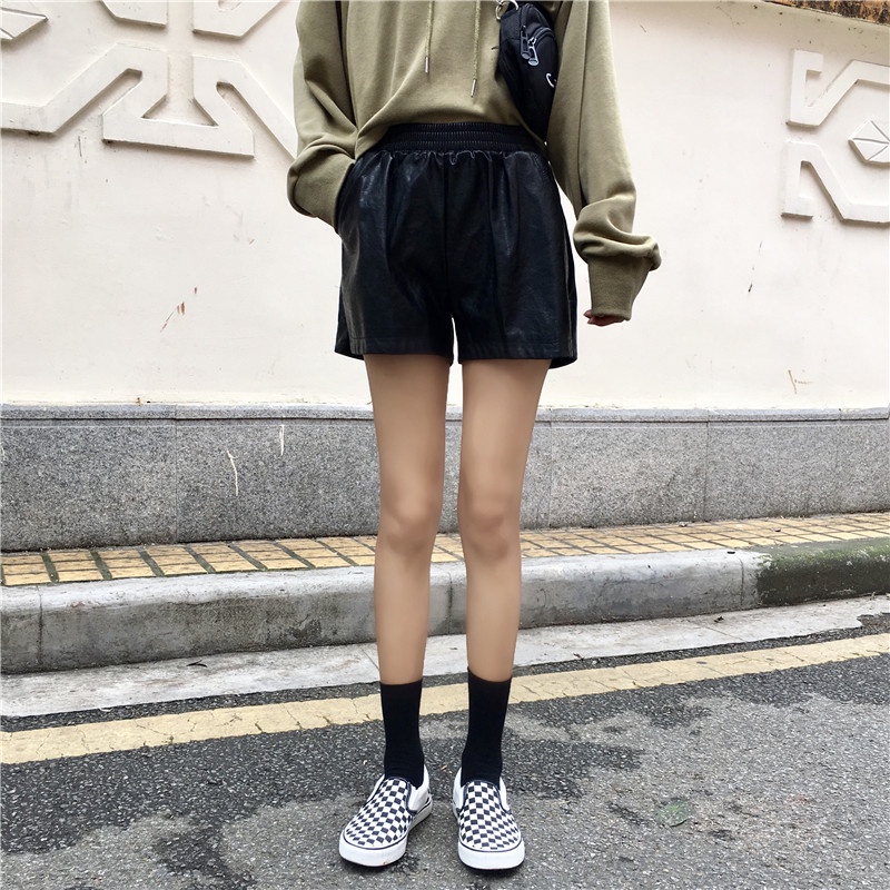 Quần short da chữ A ống rộng lưng cao thời trang cho nữ