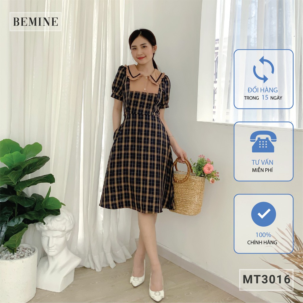 Đầm nữ công sở dáng xòe thiết kế caro phối cổ bèo có viền BEMINE MT3016XANHDEN