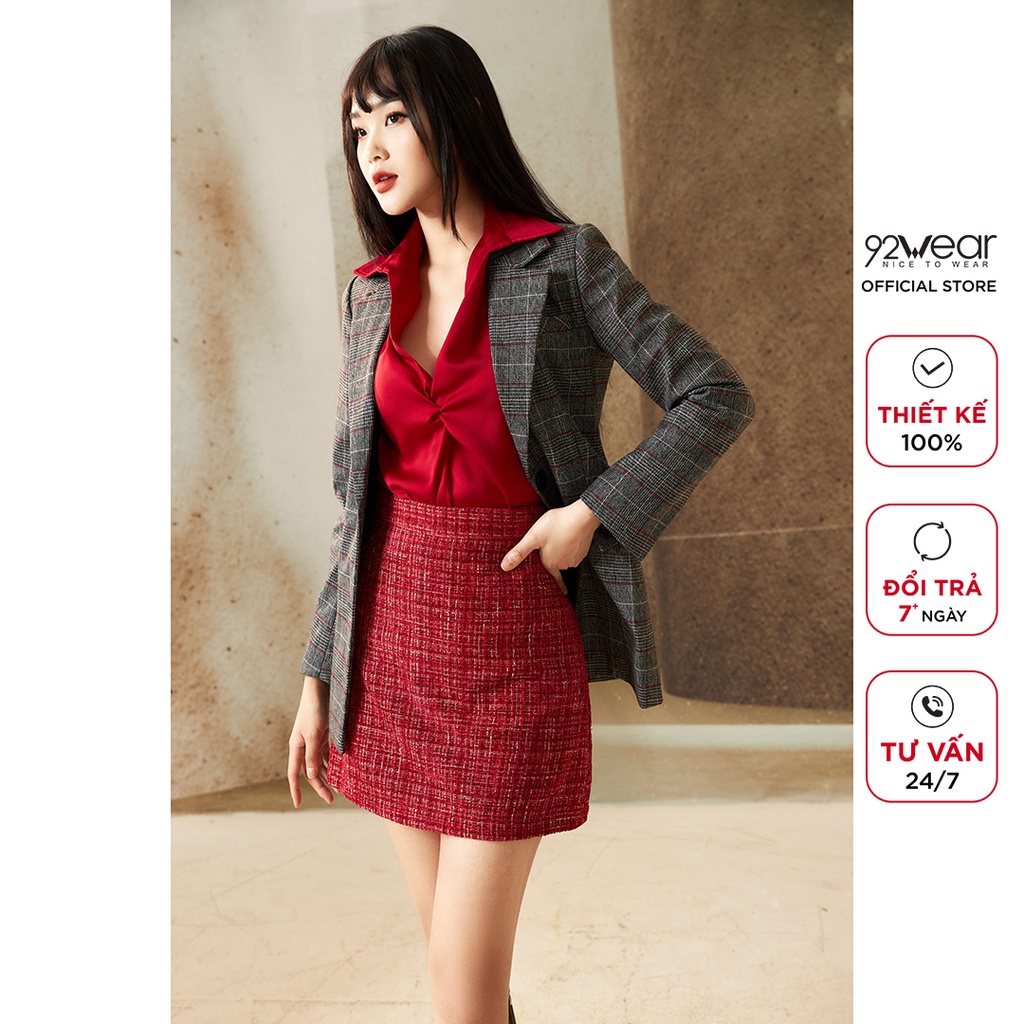 Áo vest nữ kẻ dài tay túi ốp 92WEAR, thiết kế hàn quốc cổ bẻ thanh lịch, trẻ trung VDA1799 | BigBuy360 - bigbuy360.vn