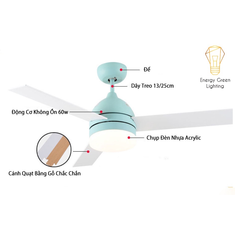 Quạt Trần Gỗ Energy Green Lighting 3 Cánh QT-10632 Phong Cách Bắc Âu Tích Hợp Đèn Chiếu Sáng - Điều Khiển Từ Xa