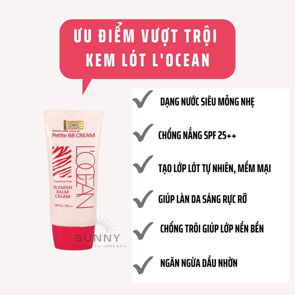 Kem lót nền L'OCEAN BB PETITE dạng nước siêu mỏng nhẹ, có chống nắng SPF 25PA++ tạo lớp lót tự nhiên, mềm mại