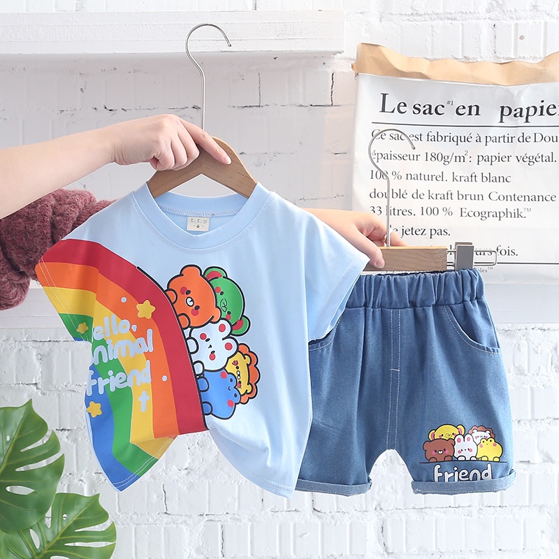 Bộ Trang Phục 2 Mảnh Gồm Áo Thun Tay Ngắn In Họa Tiết Hoạt Hình + Quần short denim Cho Bé Trai