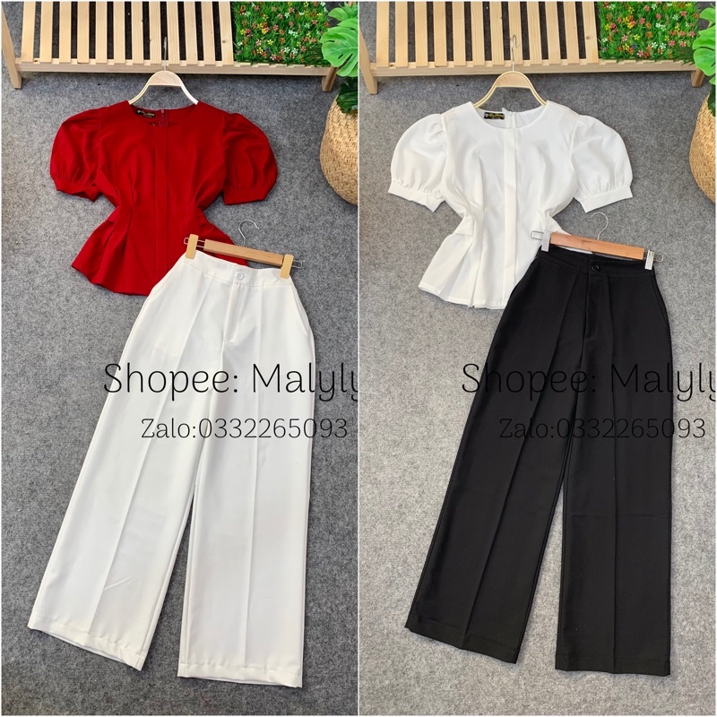 ÁO PEPLUM CỔ TRÒN TAY PHỒNG + QUẦN SUÔNG