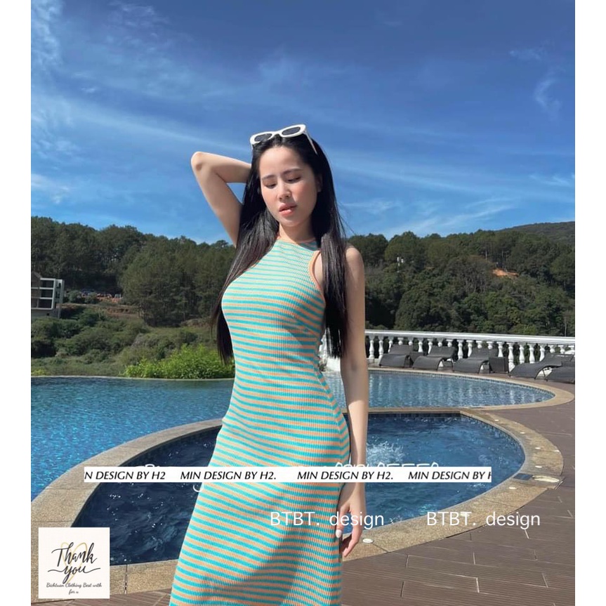 Đầm thun kẻ sọc ngang ba lỗ sát nách cổ tròn dáng dài- FORM ôm body sexy