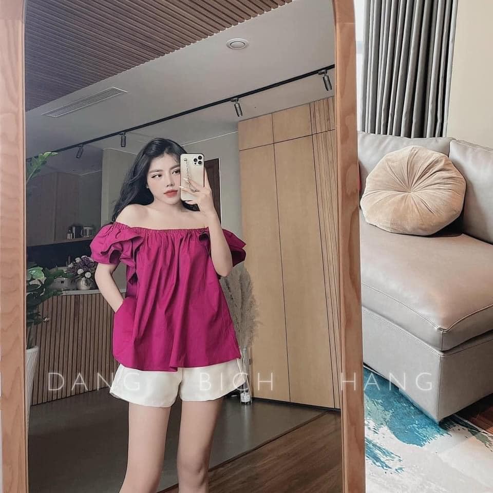 [ Sẵn] Set áo hồng trễ vai