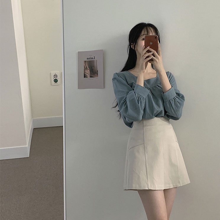 Áo Sơ Mi Tay Dài Cổ Vuông Màu Trơn Dáng Chữ A Thời Trang 49179