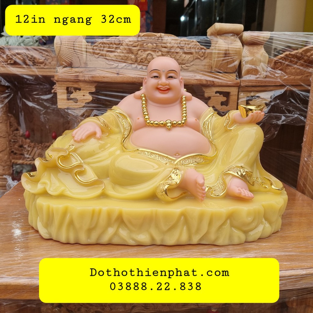 Tượng phật di lặc đá 12in ngang 30cm màu vàng rất đẹp