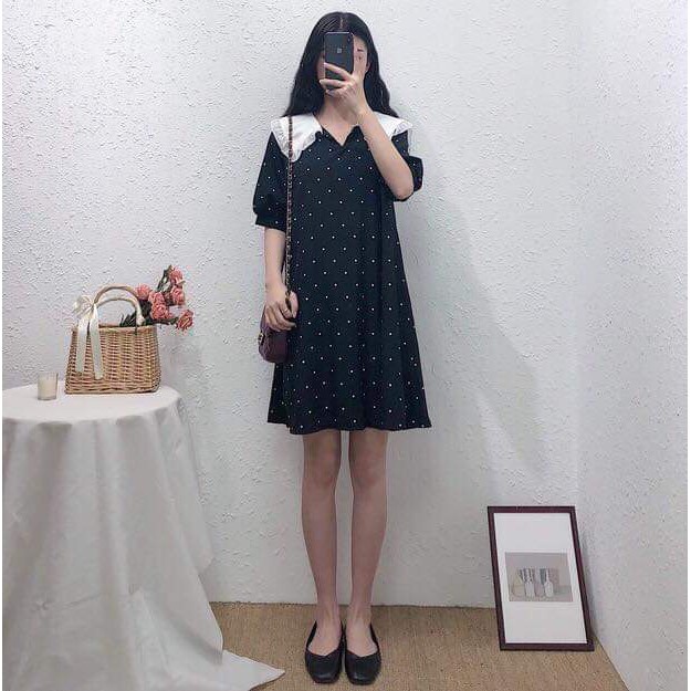 VÁY CHẤM BI ĐEN CỔ BÈO - ĐẦM SUÔNG CHẤM BI CỔ V ULZZANG