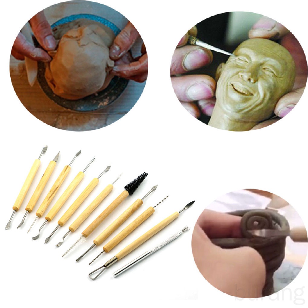Bộ 11 dụng cụ điêu khắc đất sét thiết kế cán gỗ cho người mới bắt đầu