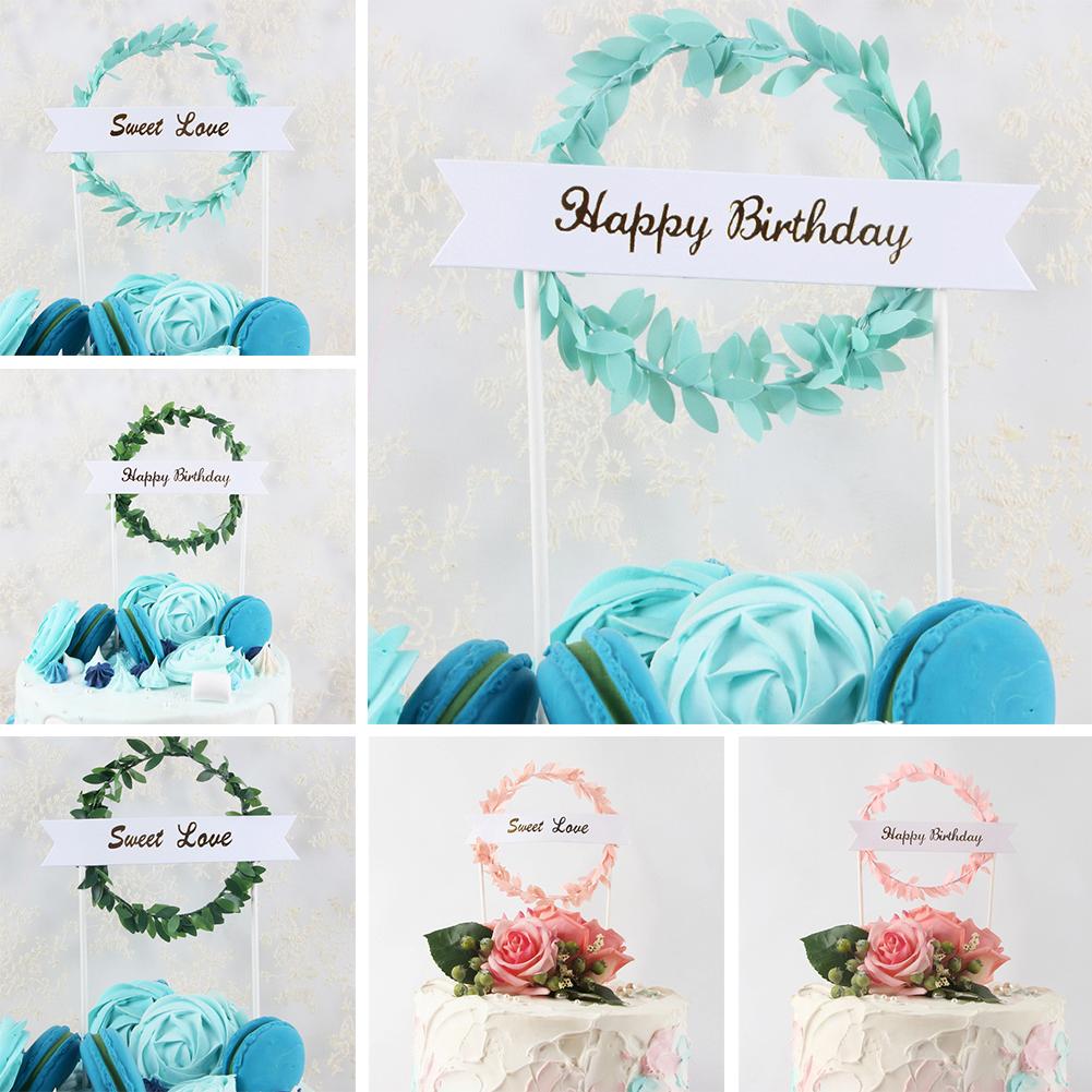 ✨HA 4PCS Bánh sinh nhật hạnh phúc Topper lá vòng hoa Bánh ngọt tình yêu Topper Party Quà tặng Blue Green Pink