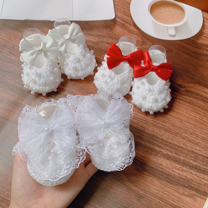 Giày len công chúa đính ngọc cho bé gái từ 0-12 tháng