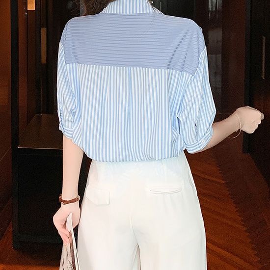 Áo Sơ Mi Chiffon Tay Ngắn Kẻ Sọc Giả Khăn Choàng Thời Trang Mùa Hè Cho Nữ